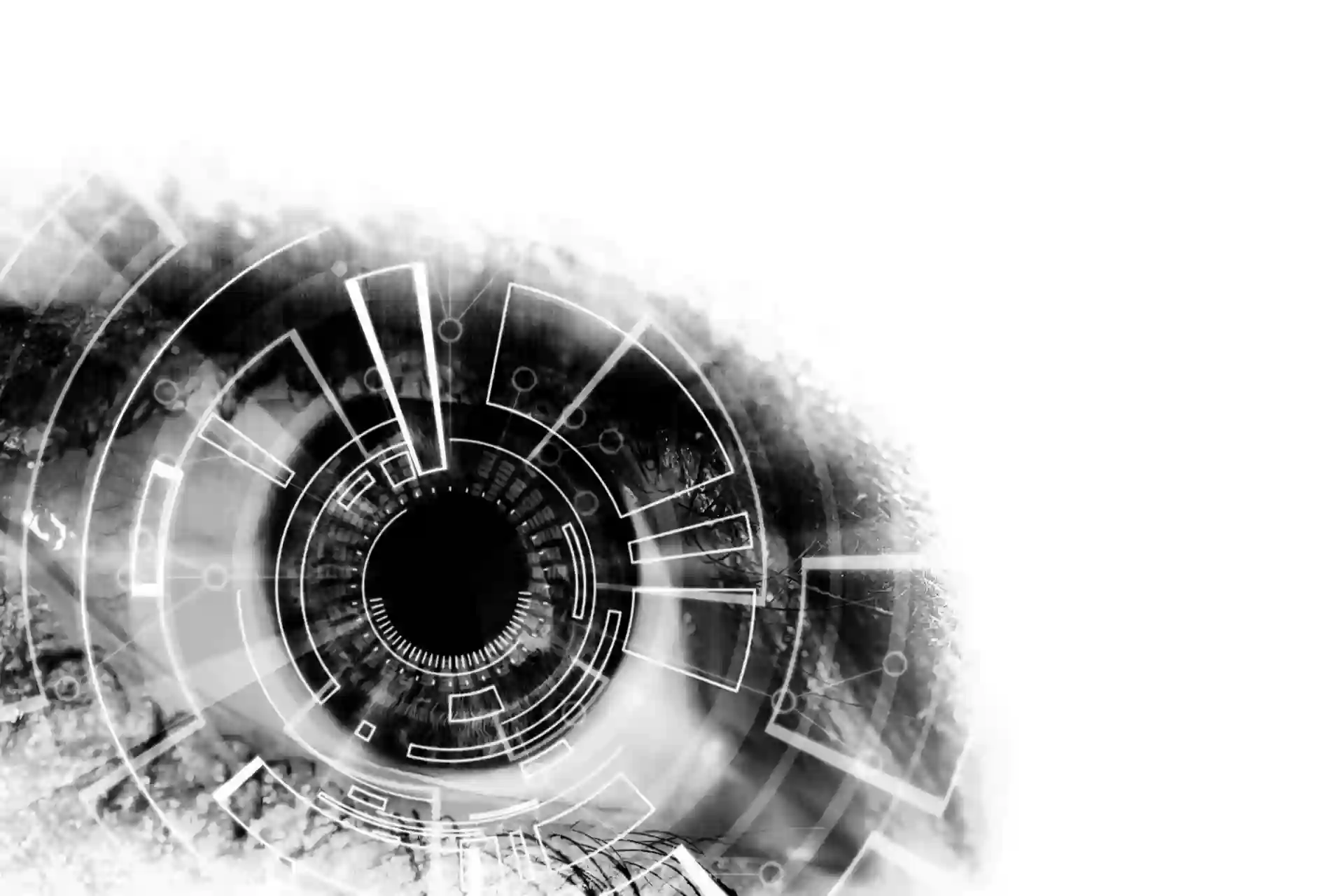 Redaktionelle Bildgrafik - stilisiertes Auge mit kreisförmiger Matrix um die Pupille